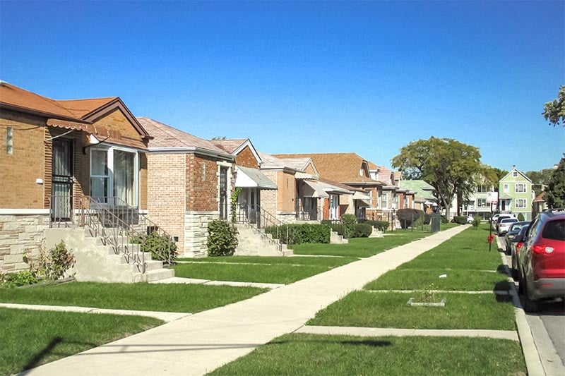 A street of homes in a residential area of West Garfield Park in Chicago