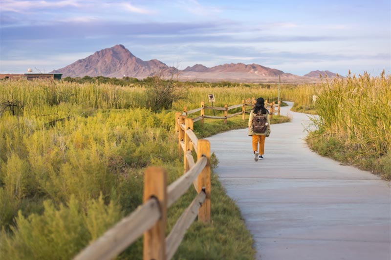 Woman walking along outdoor trail with desert and mountain in surrounding area.