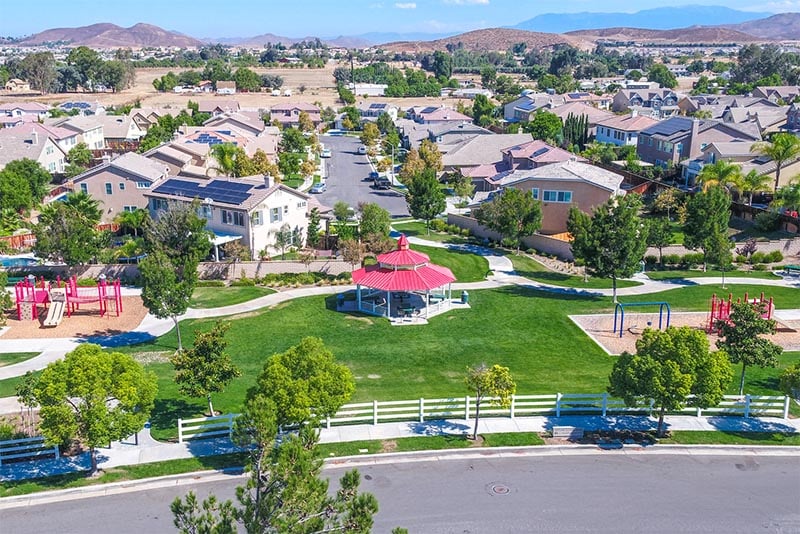 Homes and a gazebo in the Winchester South community in Riverside County California