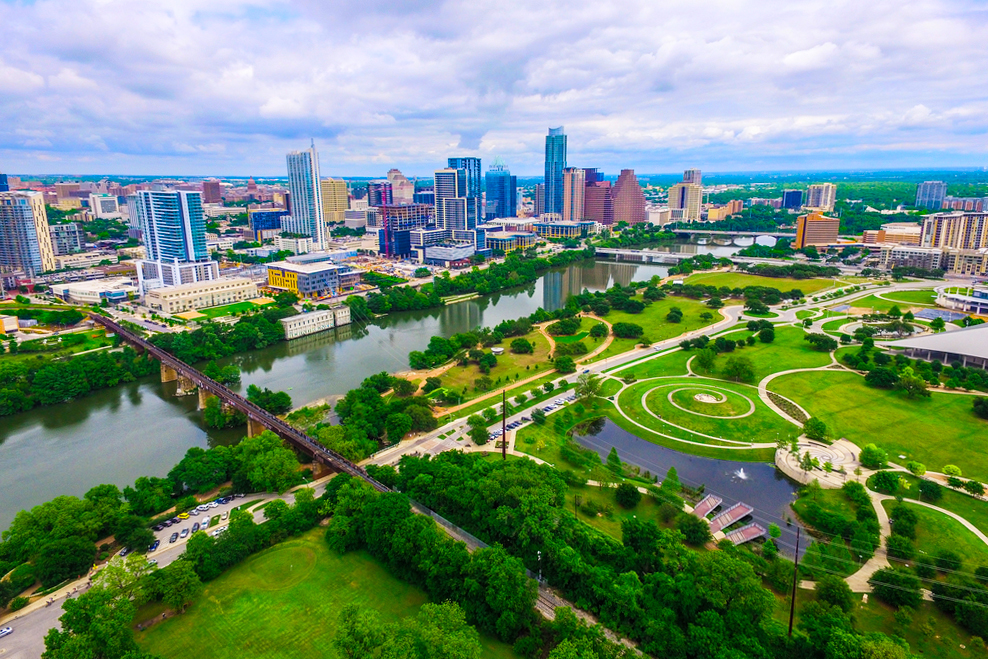 Aerial view of Zilker Park and Lady Bird Lake in Austin, Texas